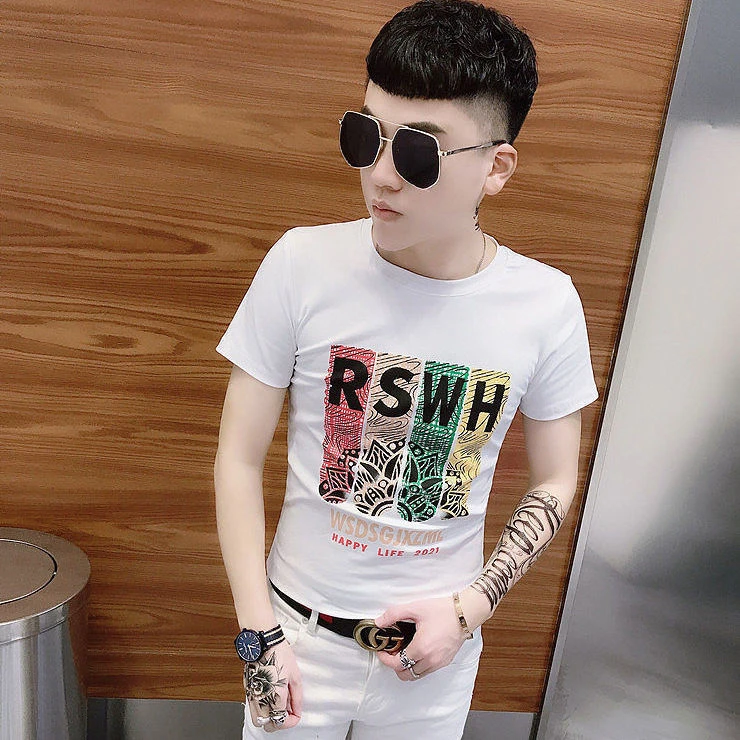 时尚潮流修身圆领网红夏季新款ins半袖男装男士t恤韩版印花上衣衫