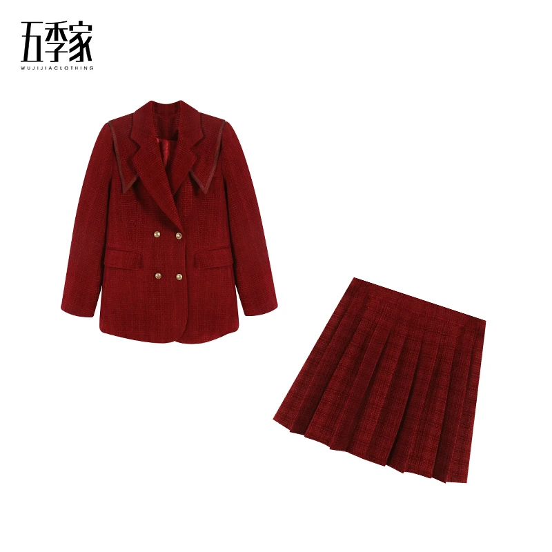 橘子-小香风气质双排扣英伦风外套百褶半身裙套装ZL41357