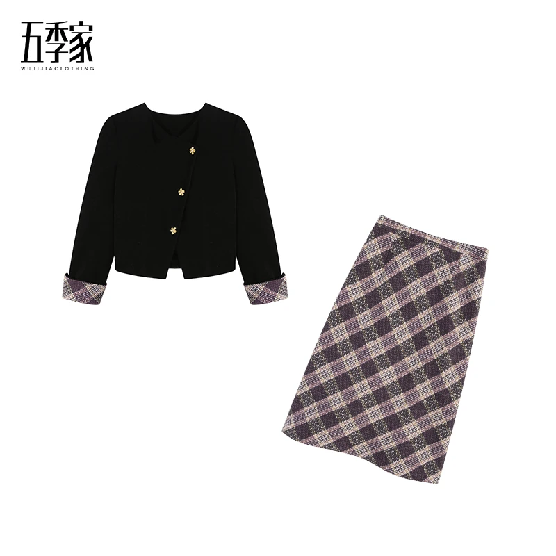 大码胖妹妹秋冬新中式气质短款上衣格纹显瘦半身裙两件套ZL100011