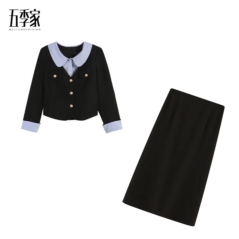 橘子-微胖大码女装秋季减龄黑色上衣+短半裙两件套ZL98501