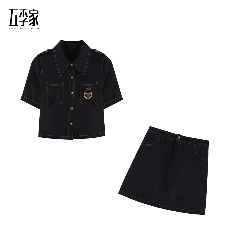 藏青色上衣+短半裙套装ZL93237短袖短裙夏季衬衫女士翻领