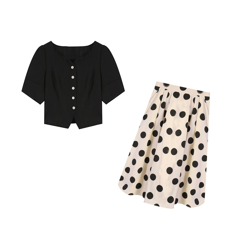 麦麦-大码遮肉显瘦黑色上衣搭配波点长半裙时髦套装ZL93043