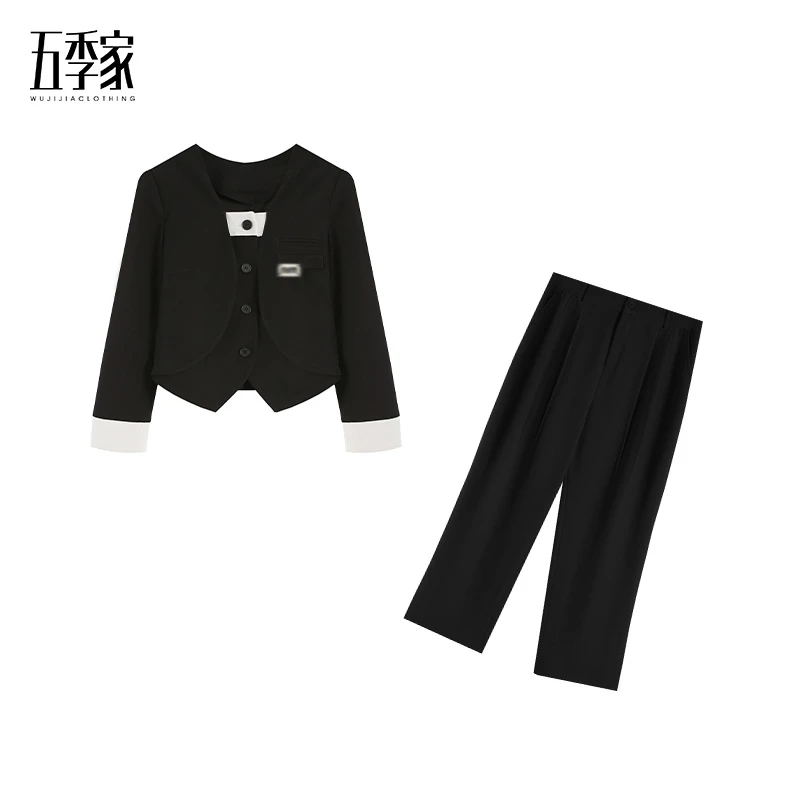 周周-五季家黑色/咖色高腰两件套长袖显瘦法式小香风ZL36279