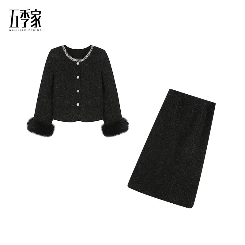 2024冬季新款时尚气质细闪加厚钉珠上衣半身裙两件套ZL101250
