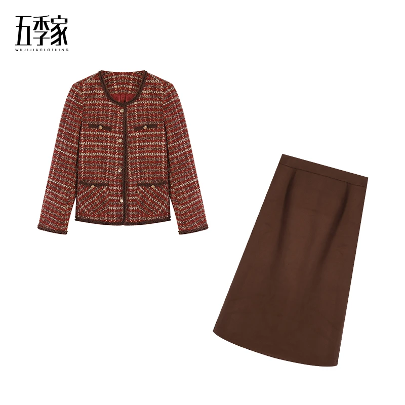 橘子-红色上衣+咖色长半裙两件套五季家ZL100046