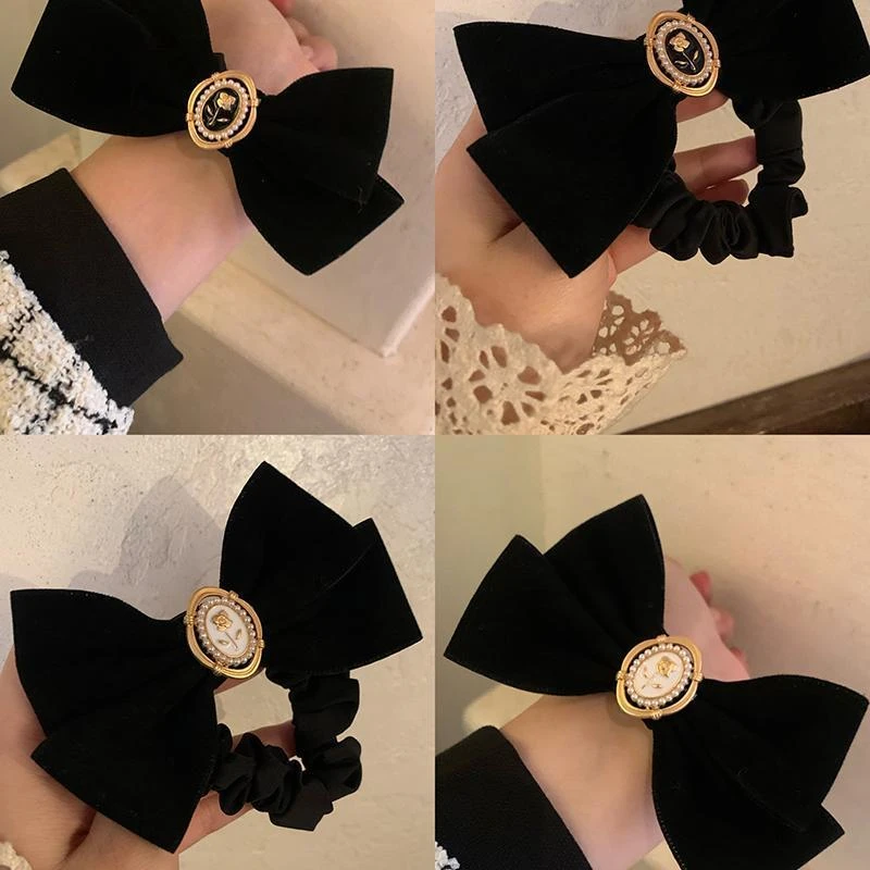 丝绒玫瑰花发圈~原创黑色复古法式高级感发绳小香风头绳大肠圈女