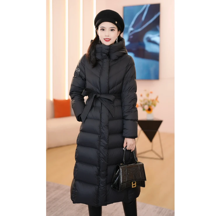 鸭鸭羽绒服女长款过膝收腰修身气质高端大牌黑色冬季外套2024新款