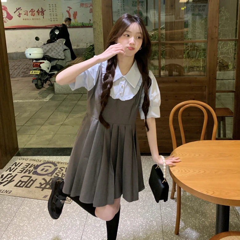 胖MM娃娃领拼接长款连衣裙小个子时尚学院风减龄短袖假两件短裙夏