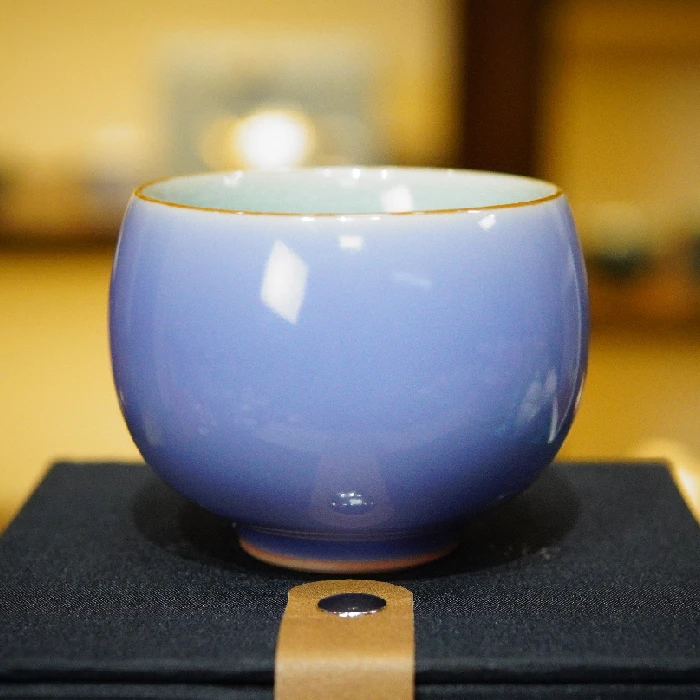 中式 主人杯文涛蓝冰裂纹开片紫色冰片手工陶瓷龙蛋杯b0159 80ml