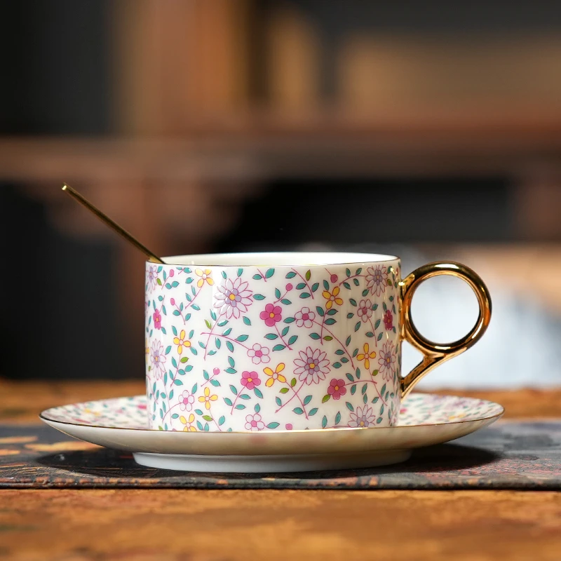 欧式轻奢珐琅彩花朵金耳咖啡杯带杯碟 s663