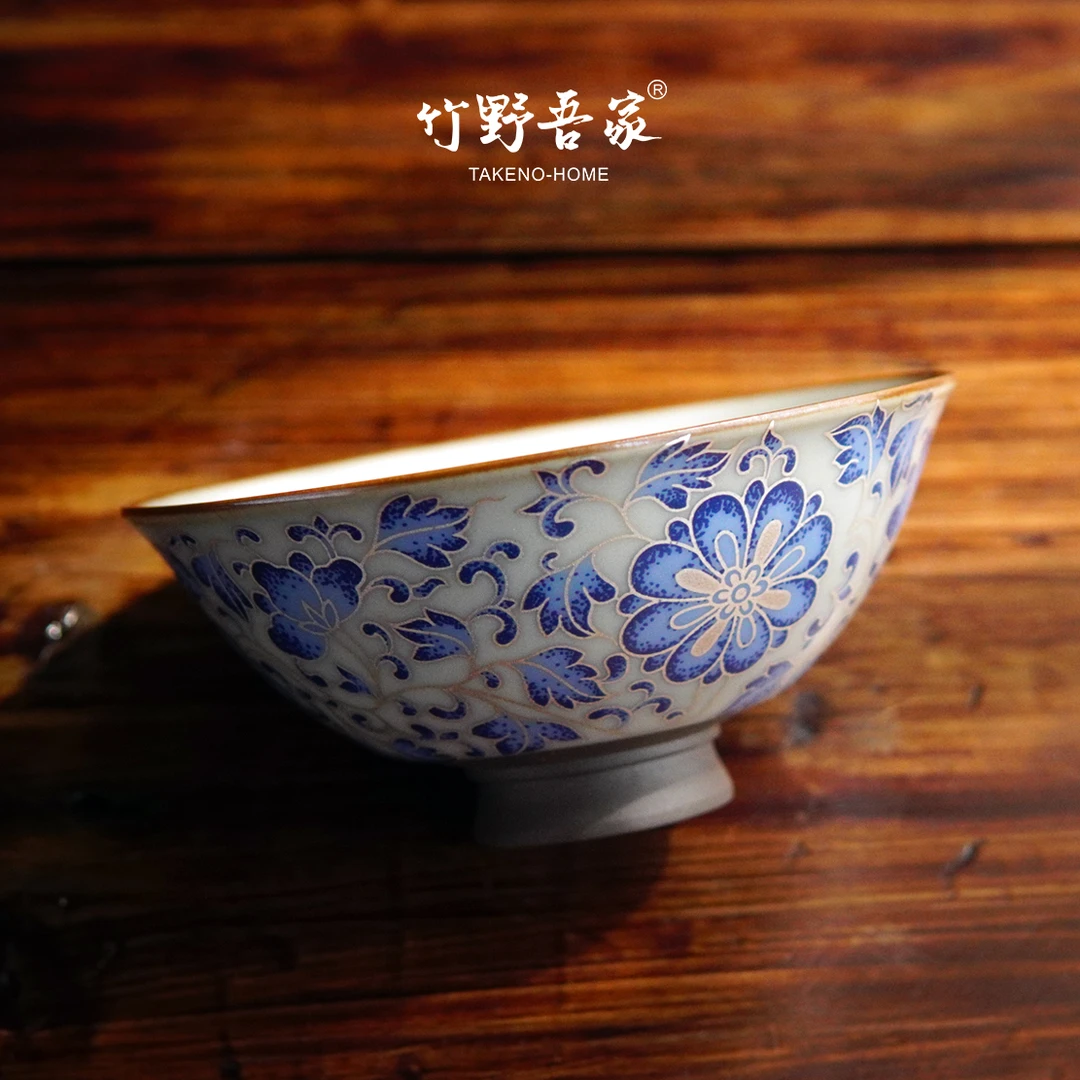 汝窑开片青花瓷鎏银斗笠杯 陶瓷主人杯中式复古品茗杯s231 60ml