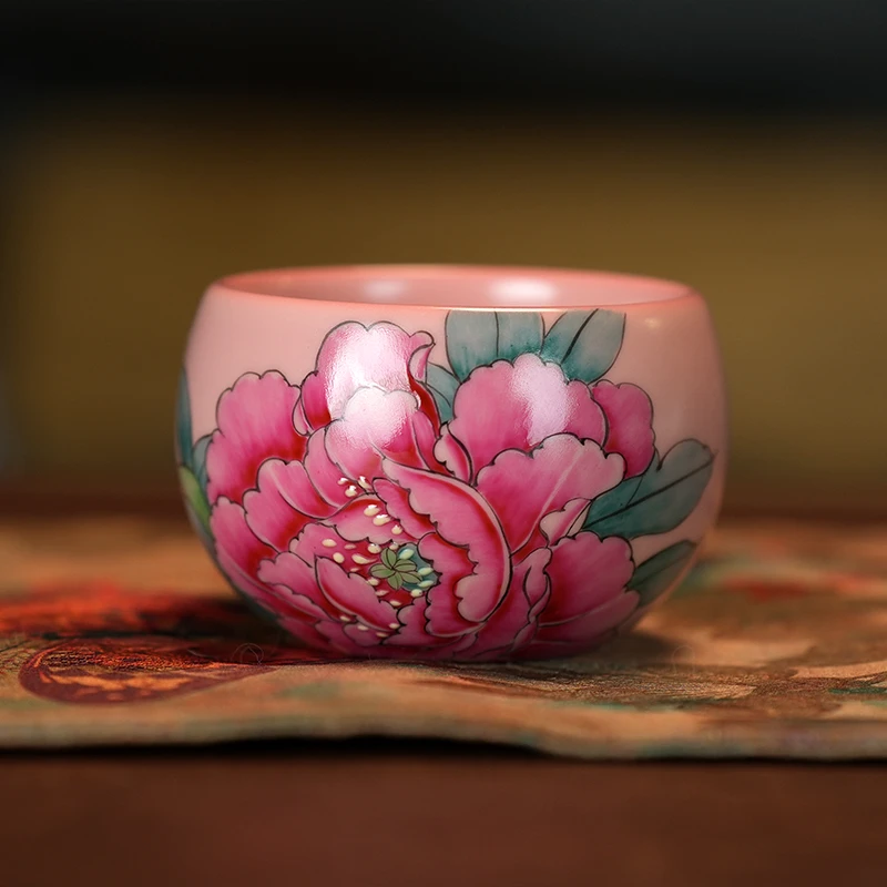 手绘牡丹粉色禅定杯纯手工家用高档主人杯 s785