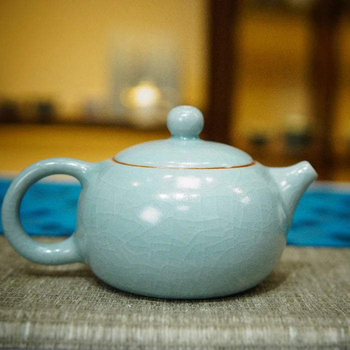 福利天青色汝窑西施壶 泡茶壶陶瓷天青釉家用茶壶开片养线 dy0609