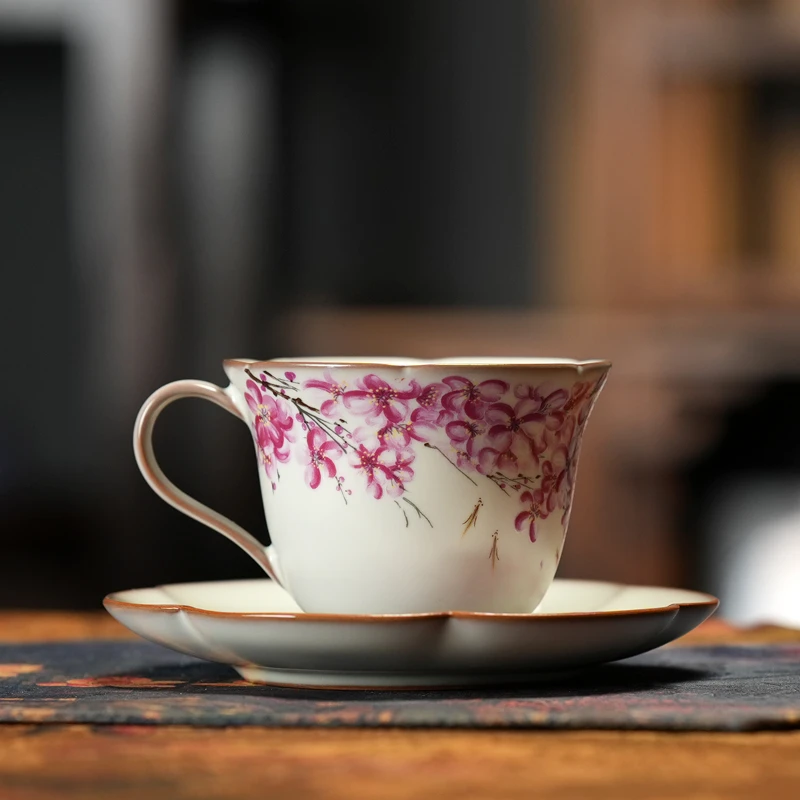 中式哥窑猪油冻开片精致桃花咖啡杯带杯碟 s732 100ml