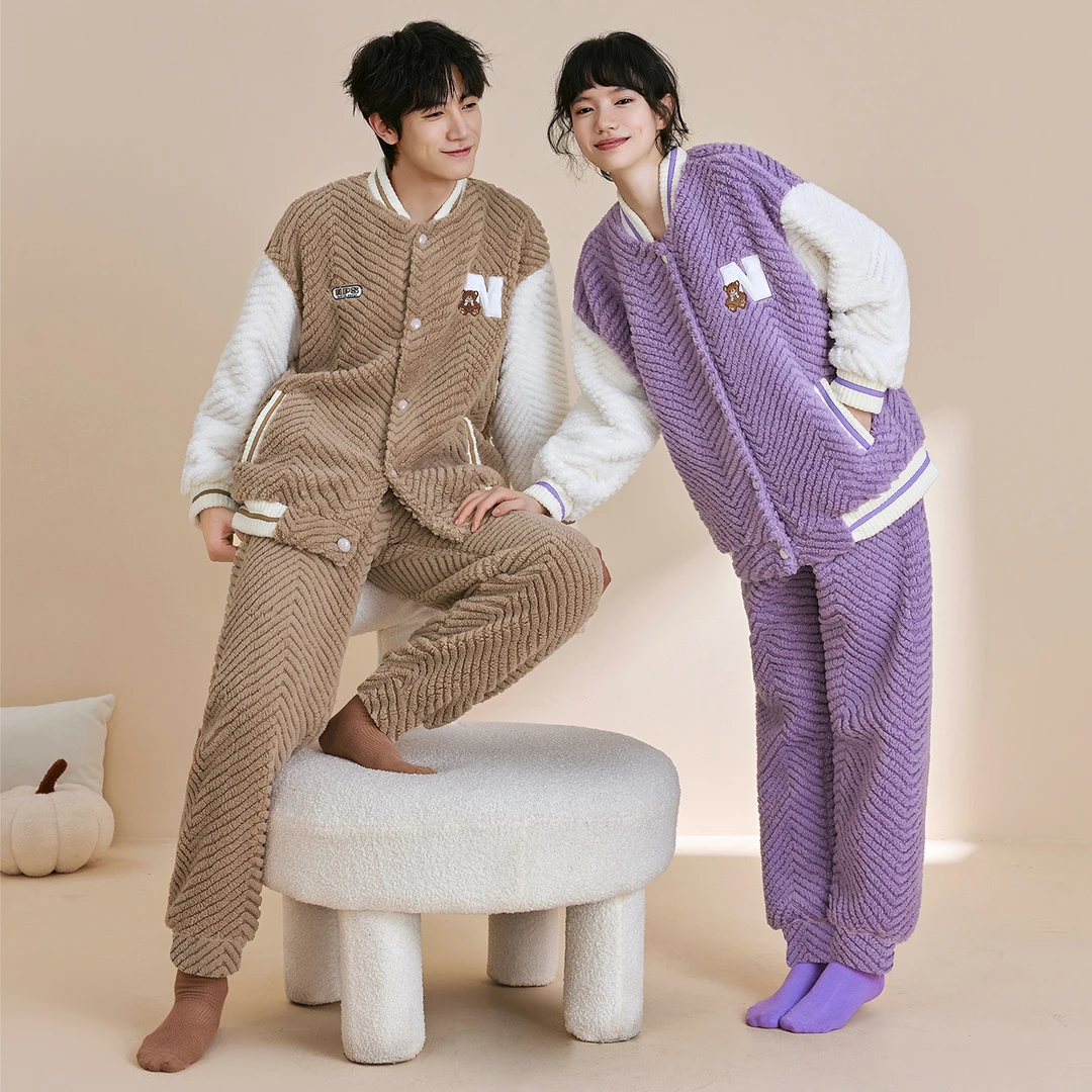 睡衣女秋冬季情侣加厚绒套装男士法兰绒可外穿棒球领运动风家居服