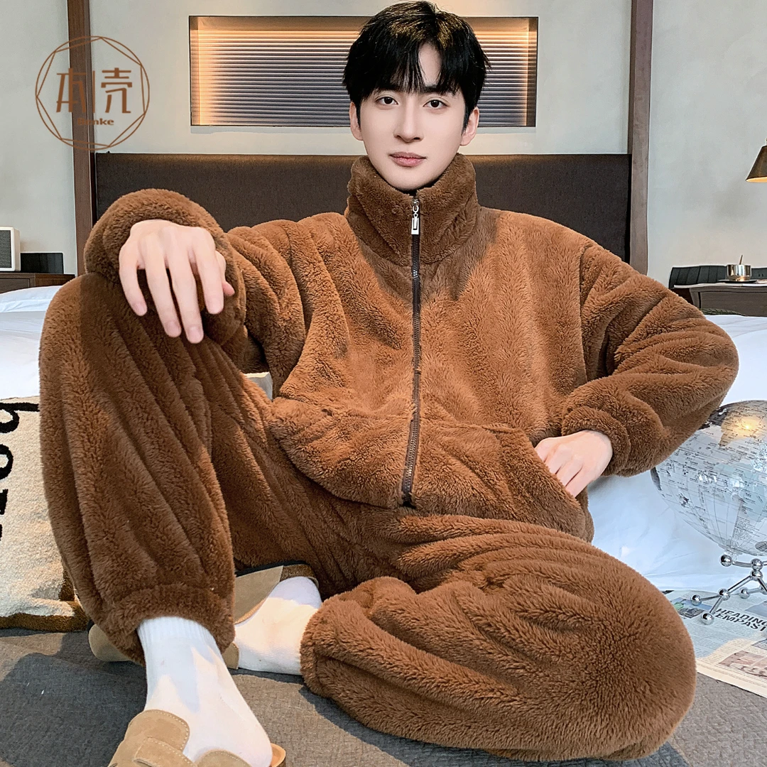 男士大码宽松暖绒雪花绒家居服可外穿冬季法兰绒睡衣套装珊瑚绒冬