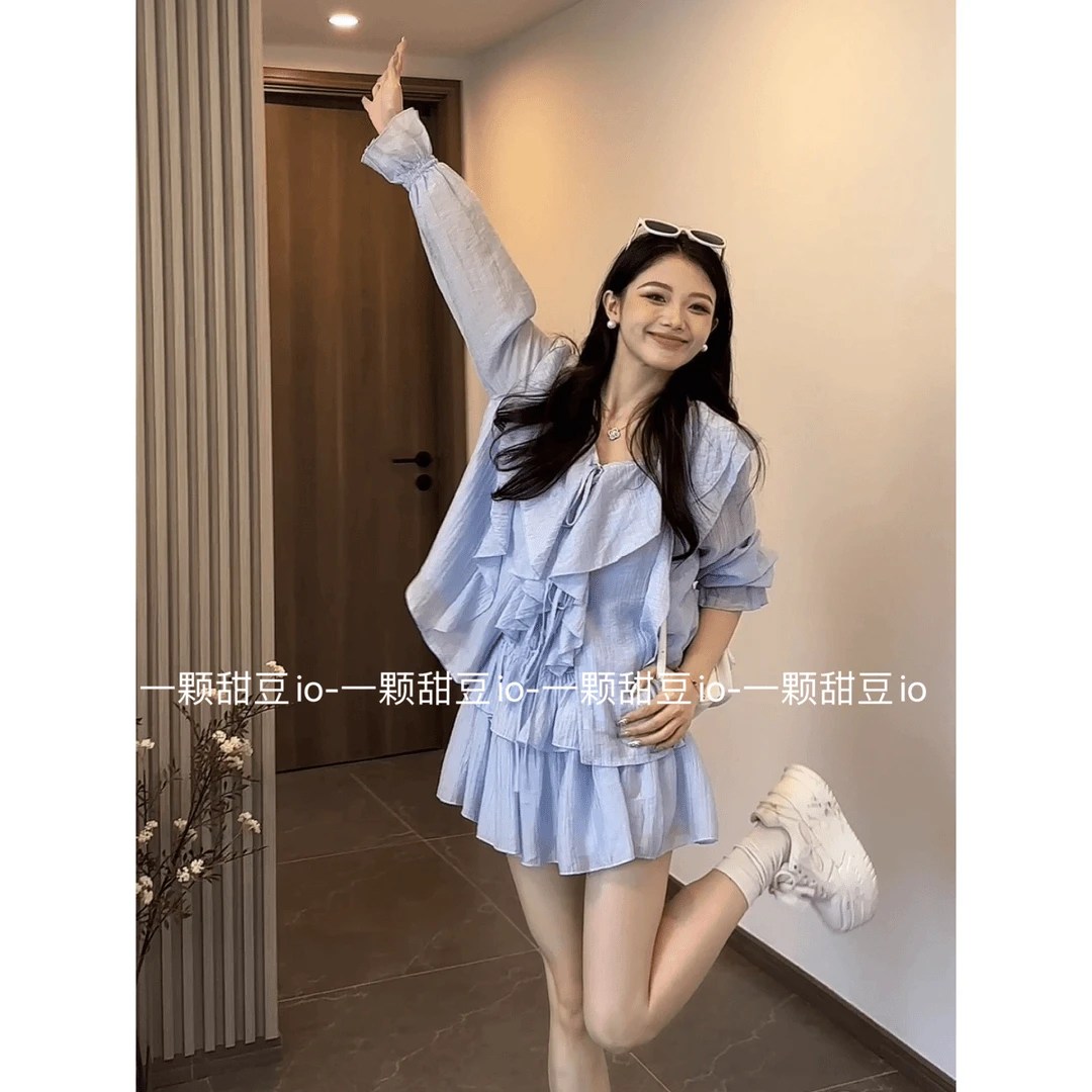 夏天荷叶边衬衫半身裙蛋糕裙两件套装女