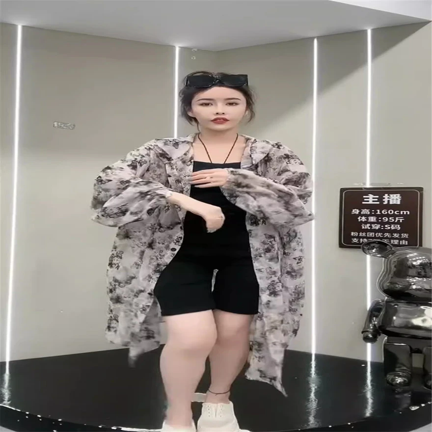 欧洲站2024年夏季新款港风碎花中长款连帽长袖薄款防晒衬衫女上衣