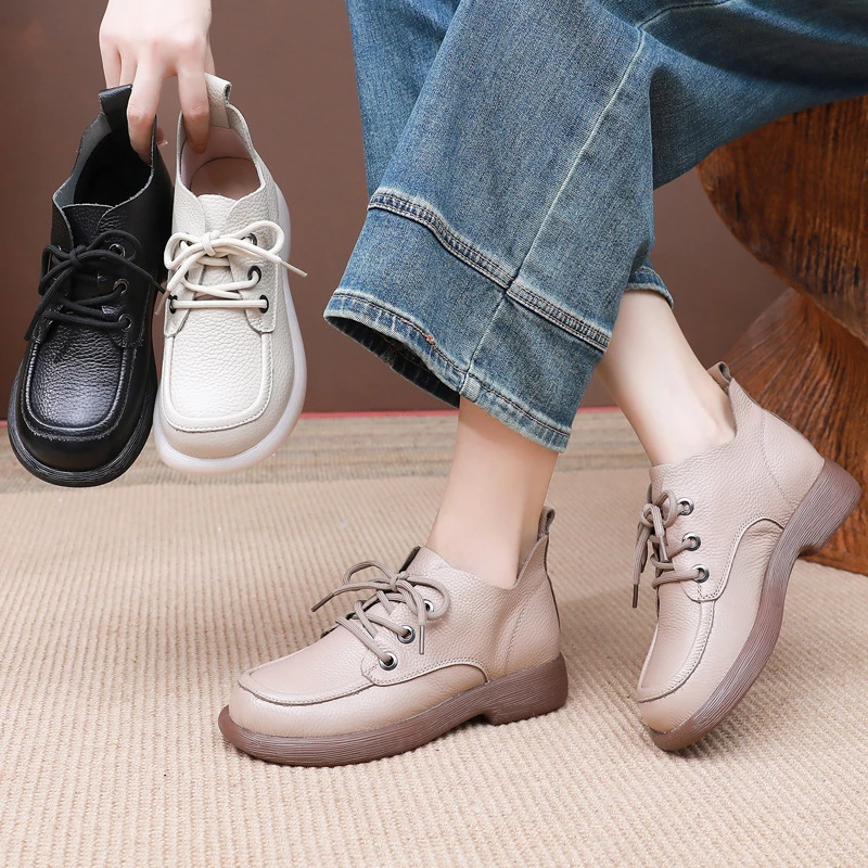 春秋新款真皮女短靴软面软底舒适百搭平底女靴平底妈妈鞋短筒靴单