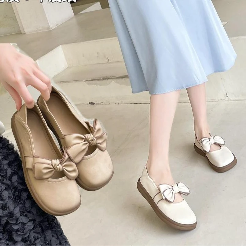 温柔百搭小皮鞋女2024秋季新款一脚蹬平底单鞋蝴蝶结两穿鞋4198