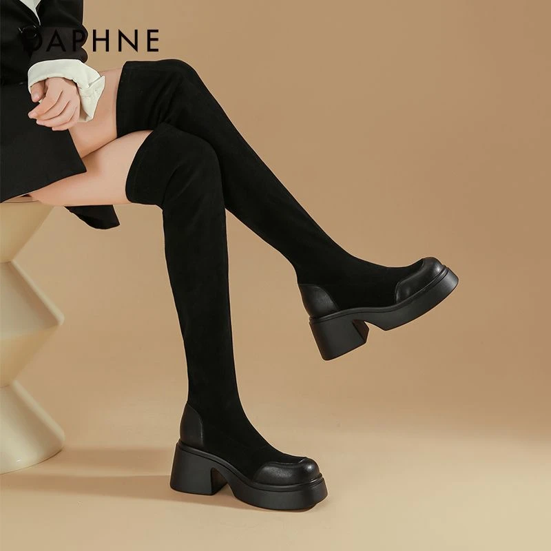 达芙妮高跟厚底过膝靴女2025新款秋季弹力黑色瘦瘦靴旅游长筒靴子