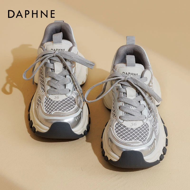 达芙妮银色老爹鞋女2025秋季厚底增高百搭网红休闲鞋显脚小运动鞋