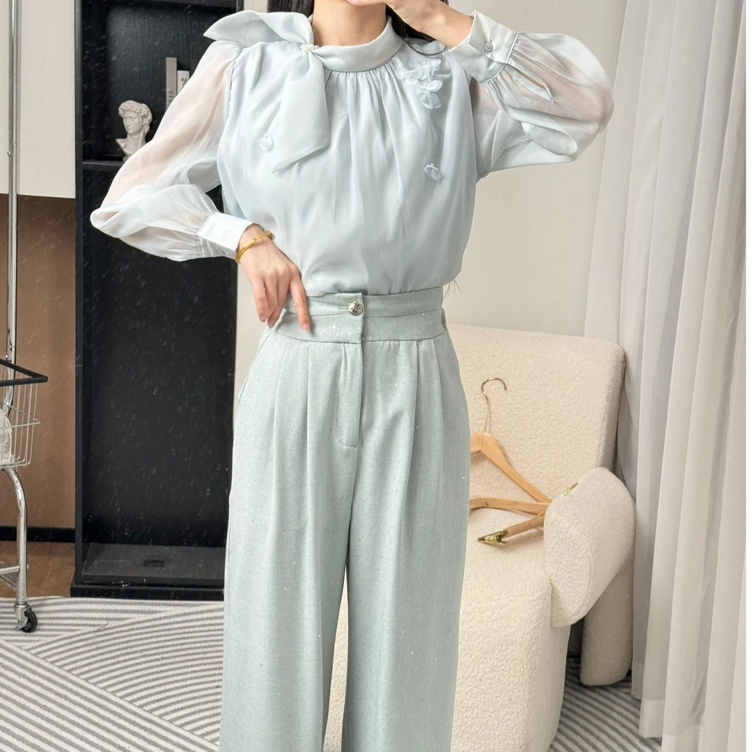 拉夏贝尔24现货秋季新小香风气质长袖上衣+阔腿裤 10092 FFX