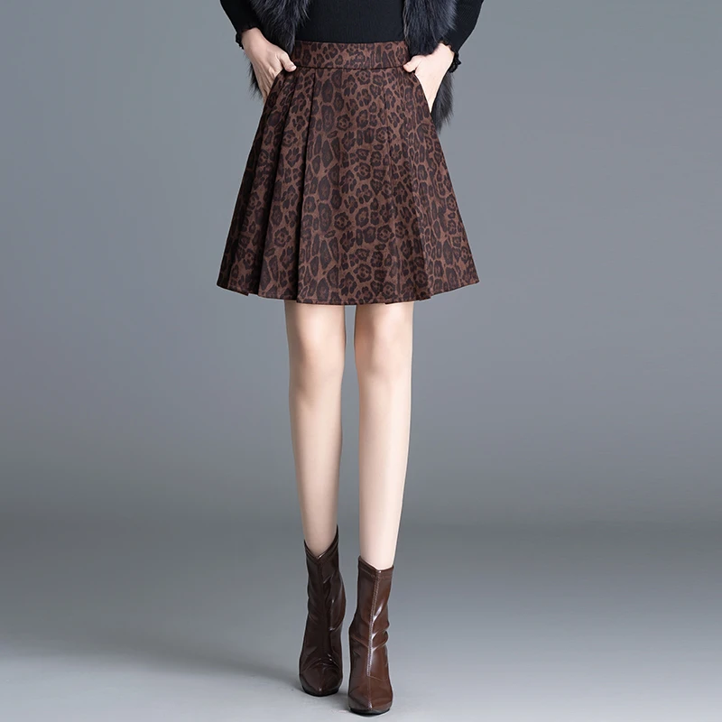 冬上新百搭高腰显瘦短款百褶裙冬季豹纹裙子毛呢半身裙90922
