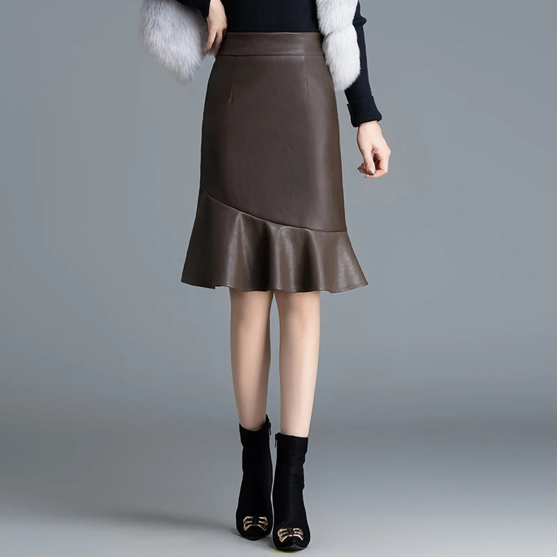 咖色小皮裙秋冬鱼尾裙气质显瘦包臀裙时尚高腰中长款半身裙90529