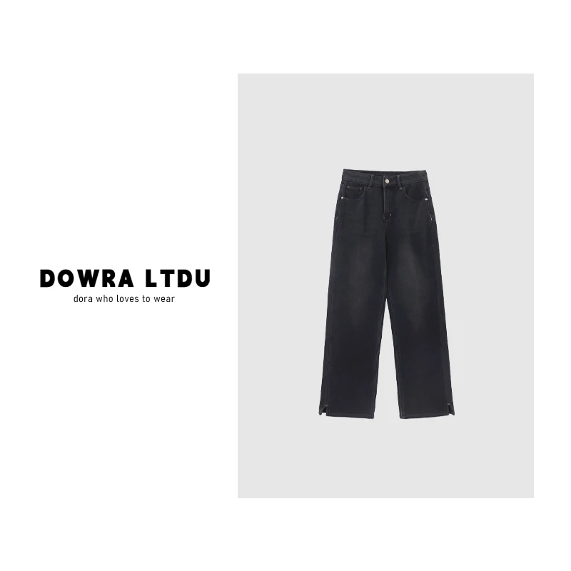 朵拉【长腿特效】2024年冬季新款单纽扣黑色加绒百搭牛仔裤037-3088