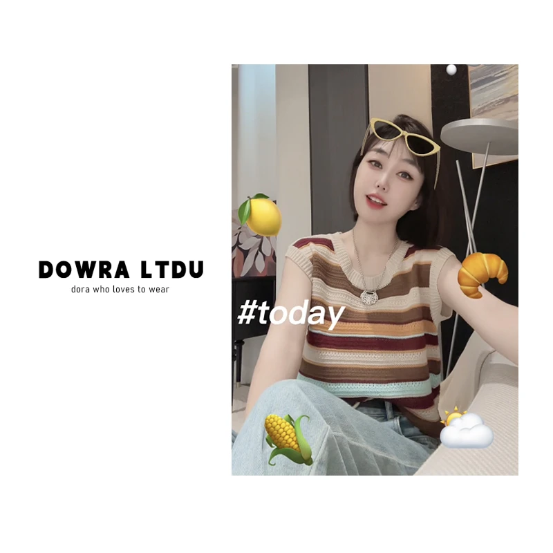 朵拉【蔷薇时光】2024年夏季款圆领条纹百搭休闲T恤潮522-5629