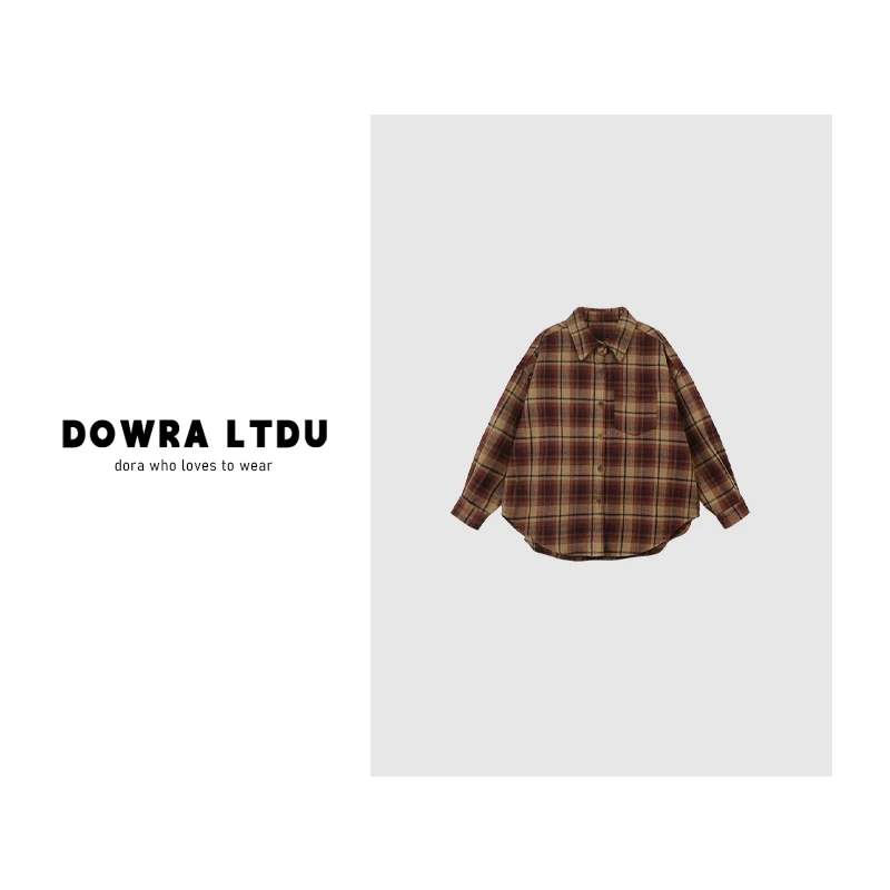 朵拉【摩登格调】2024年冬季新款翻领格子长袖加绒百搭衬衫444-9836