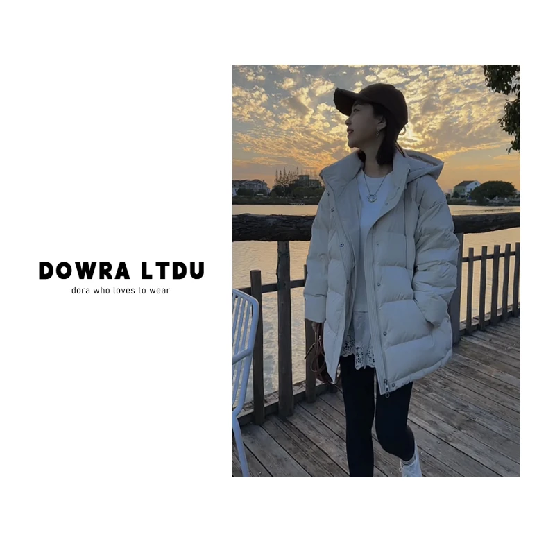 朵拉【椰奶泡泡】2024年冬季新款纯色连帽中长款羽绒服女595-6199