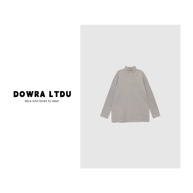 朵拉【随性休闲】2024年冬季新款高领条纹时尚百搭加绒T恤016-8577