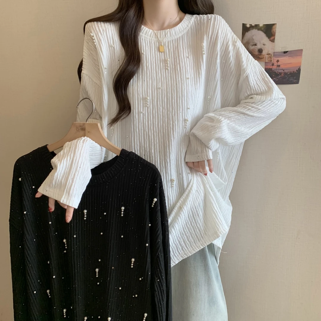 黑色珍珠个性拼接长袖女秋季新款大码胖mm外搭罩衫显瘦中长款上衣