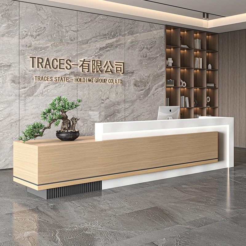 公司前台接待台高档酒店木纹吧台台球厅收银台服务台办公桌子定制