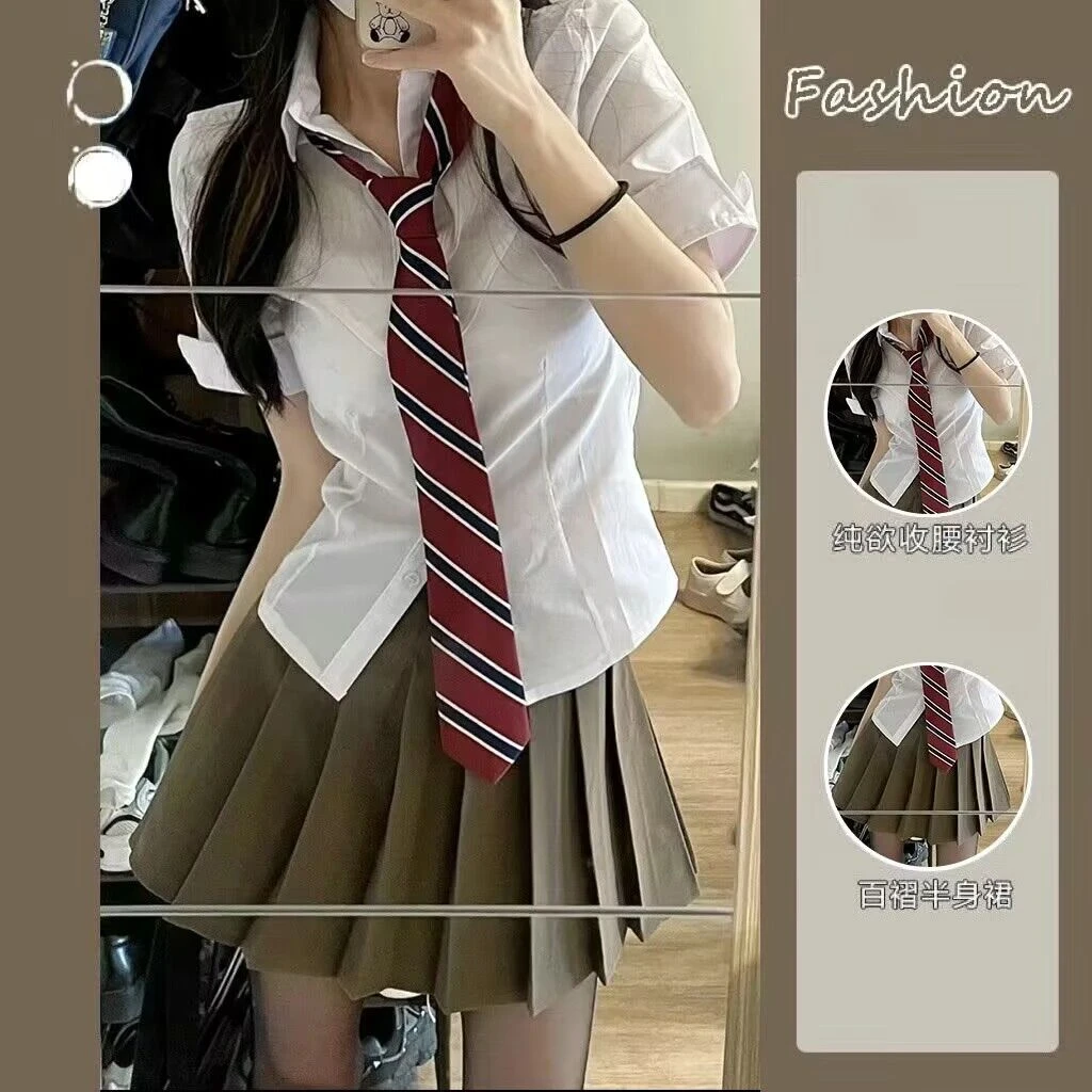 JK制服辣妹收腰短袖大码衬衫女白色纯欲微胖性感学院风春夏穿搭