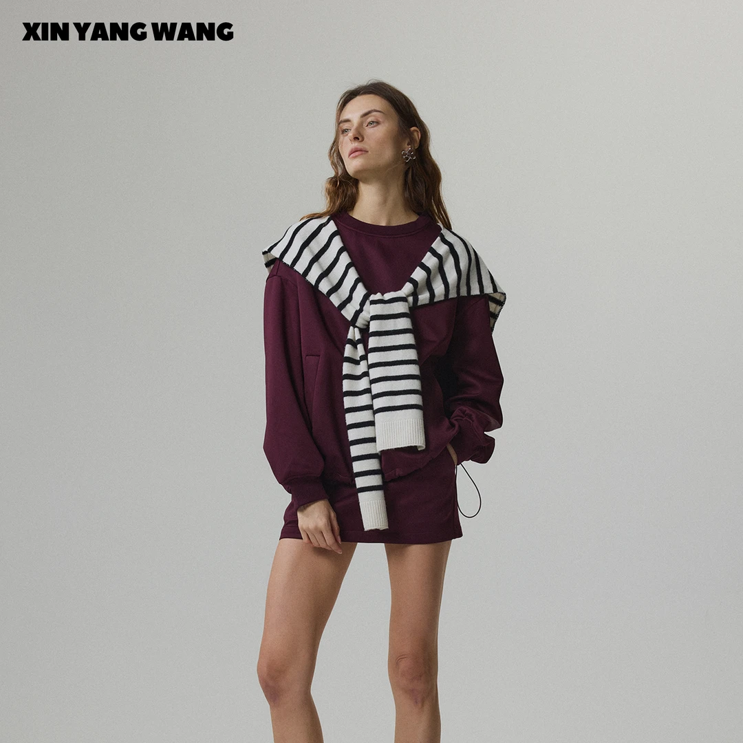 XYW设计师款休闲宽松秋冬红色百搭条纹披肩真两件卫衣上衣套装