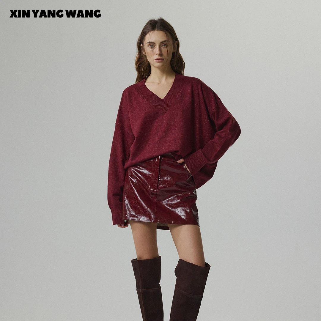 XYW时尚简约气质百搭高级感复古纯色短款安克拉红皮裙半裙