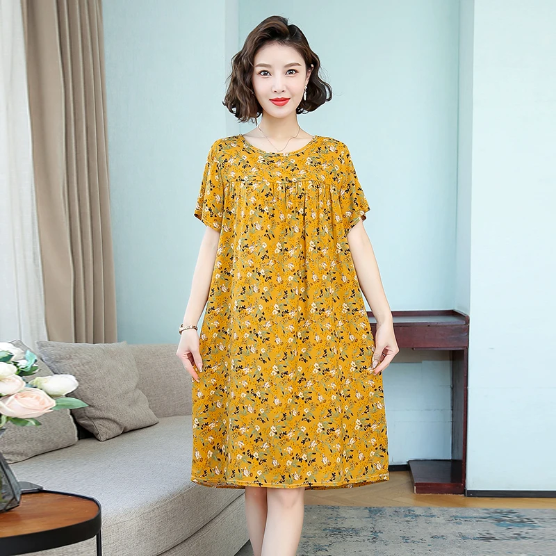 255碎花连衣裙宽松气质新款印花过膝洋气夏季圆领中长裙子女款