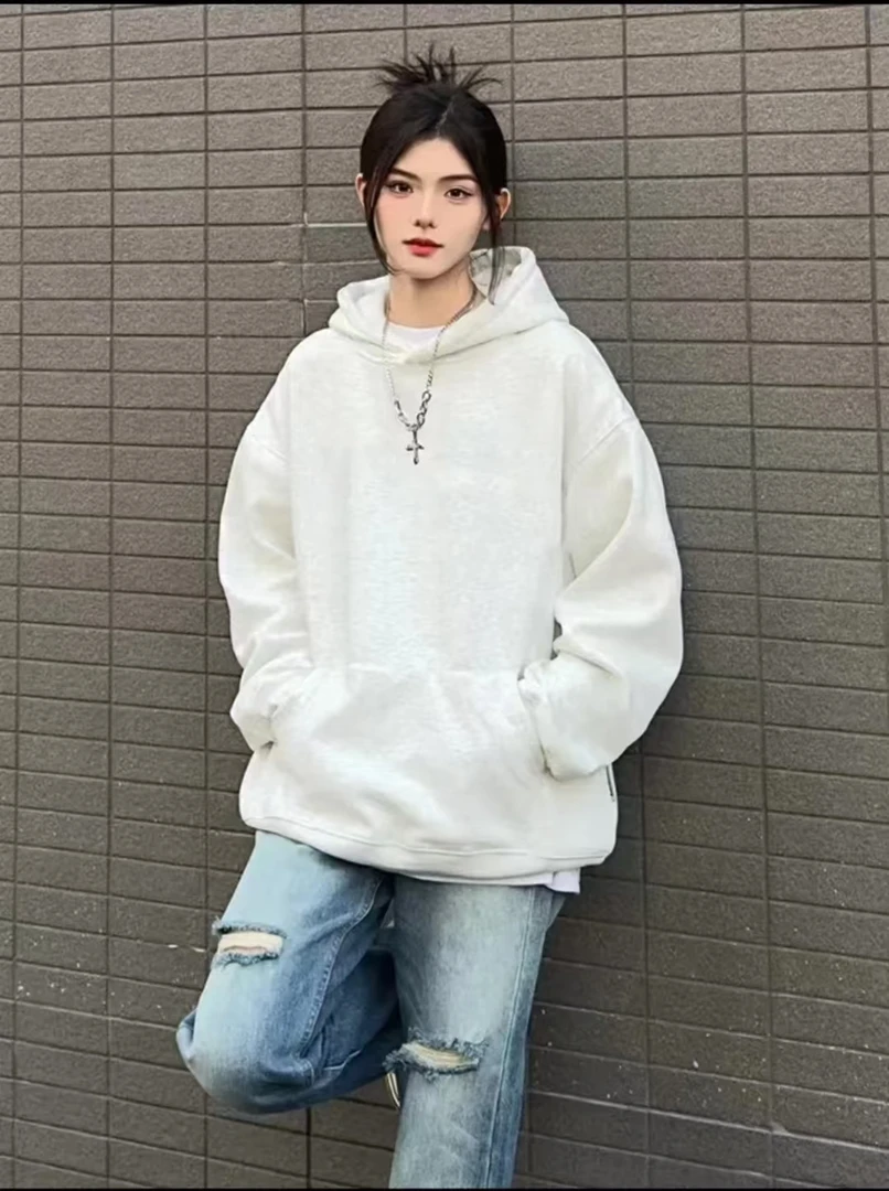 2024新款宽松百搭情侣卫衣女休闲风纯色卫衣宽松长袖春秋时尚