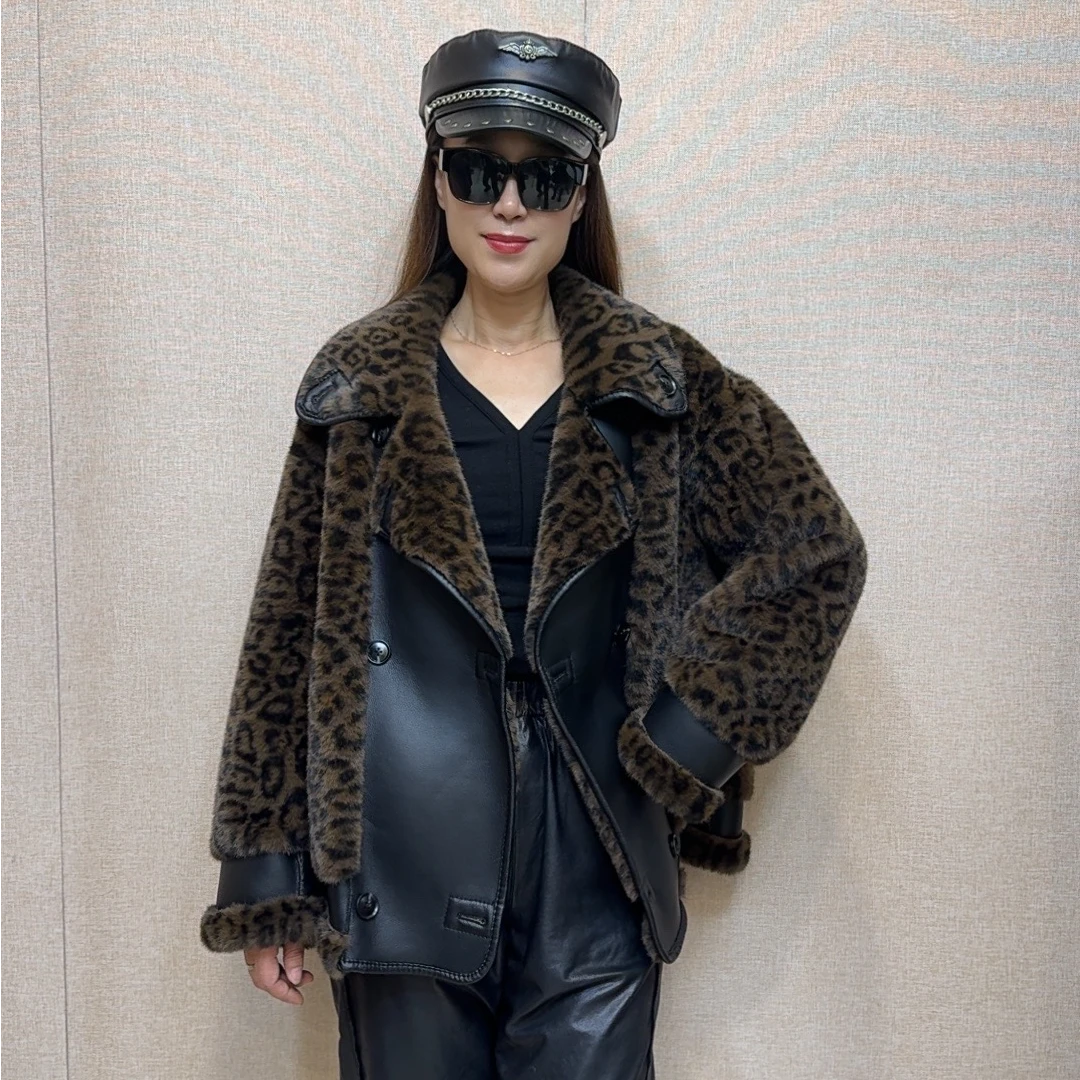 2024新款两面穿豹纹机车款毛毛外套高级轻奢