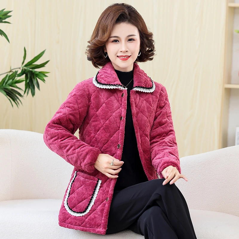 23年新款加绒加厚女士棉衣小香风妈妈棉服短款洋气外套厨房家务服