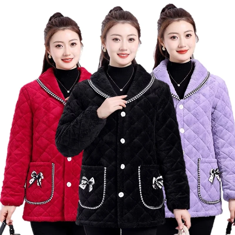 2024新款三层保暖外套加绒洋气妈妈装小香风上衣小个子棉袄可外穿