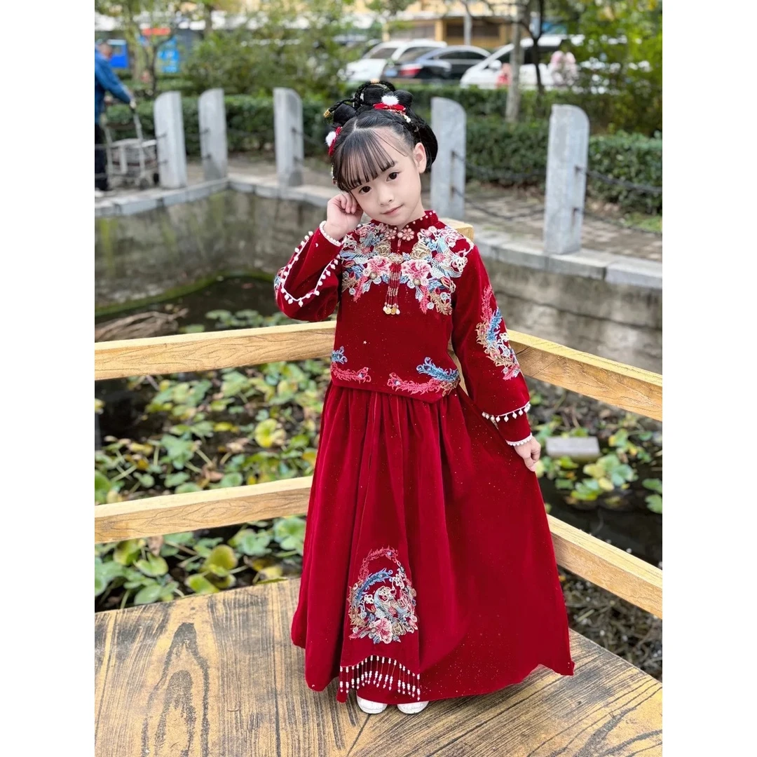 酒红色女童旗袍礼服中国风儿童古装汉服改良唐装丝绒拜年服秋冬季