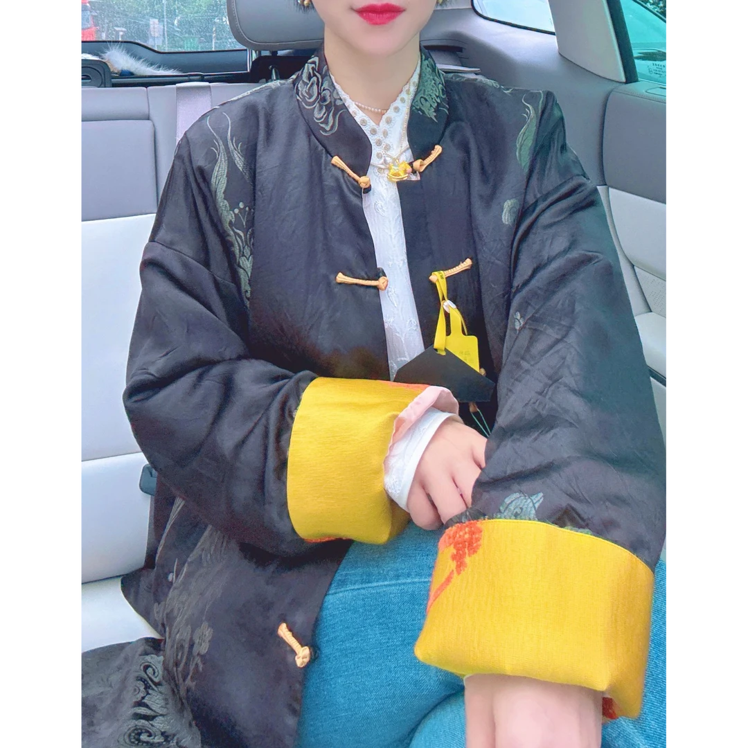 老料袖口拼接漳缎夹棉外套