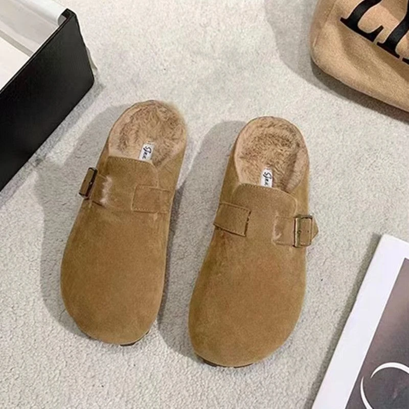 网红包头半拖女时尚2024秋冬外穿加绒棉拖鞋厚绒软底一脚蹬勃肯鞋