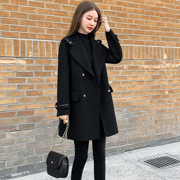【常规里布/夹棉里布】黑色毛呢大衣女宽松秋冬毛呢外套女中长款