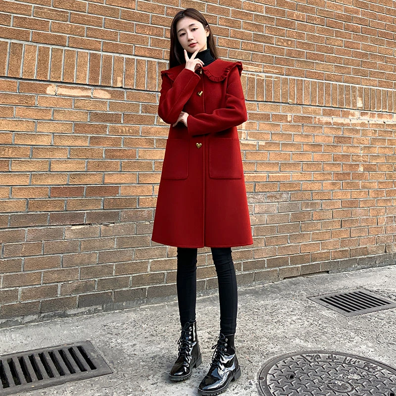 显气质夹棉加厚娃娃领红色毛呢外套女中长款气质喜庆过年圣诞节