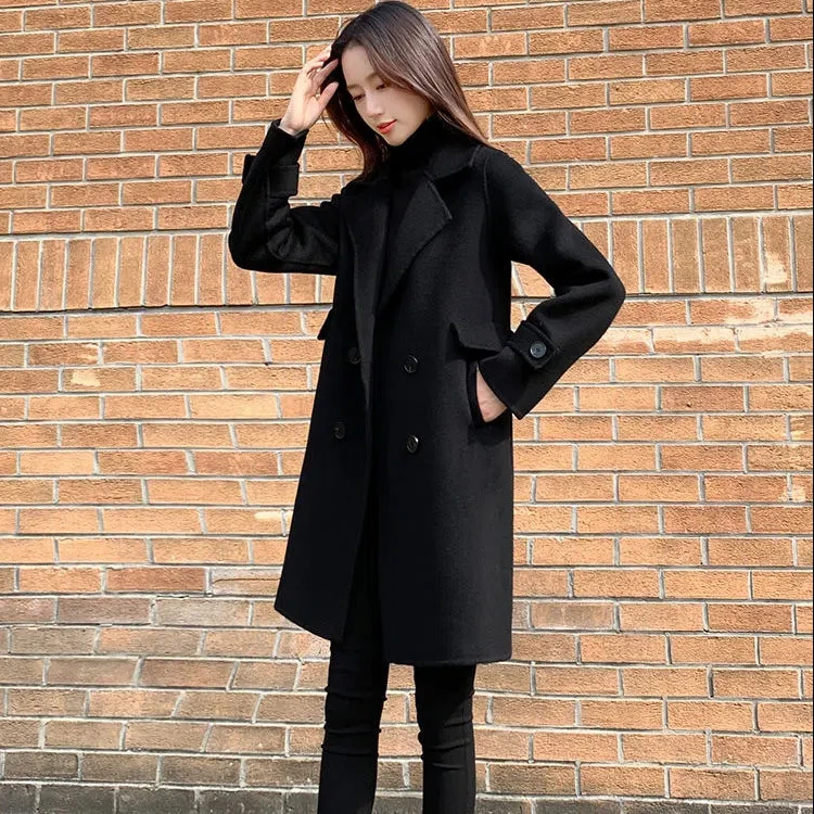 秋冬外套女加棉保暖毛呢外套女中长款腰带气质大衣黑色外套2025